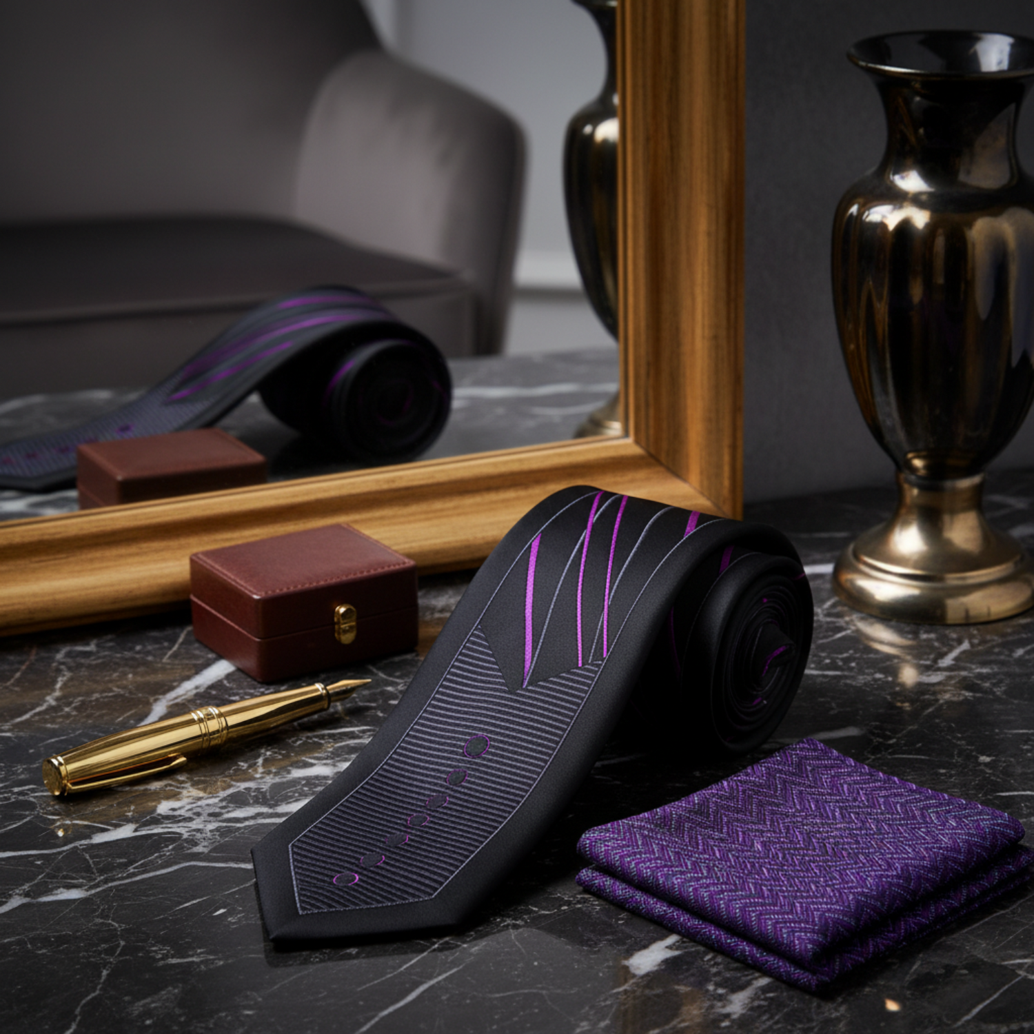 Black belt with purple accents on a marble surface next to a gold pen and decorative items.