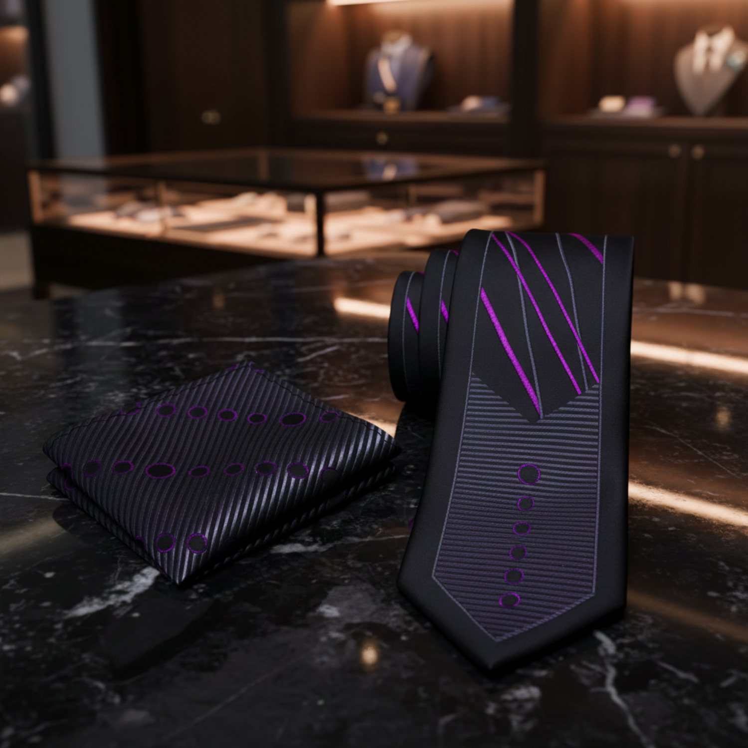 Black tie with purple accents on a dark marble surface, with a blurred background of a store setting.