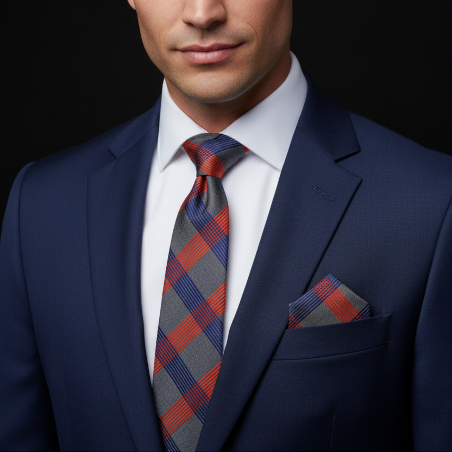 Man wearing a navy suit with a plaid tie and pocket square against a black background
