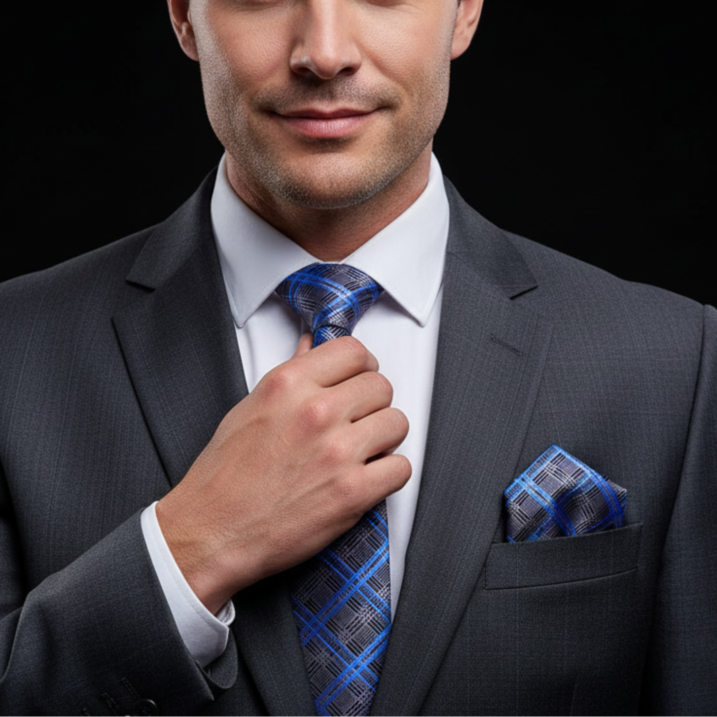 Man adjusting his blue plaid tie against a black background