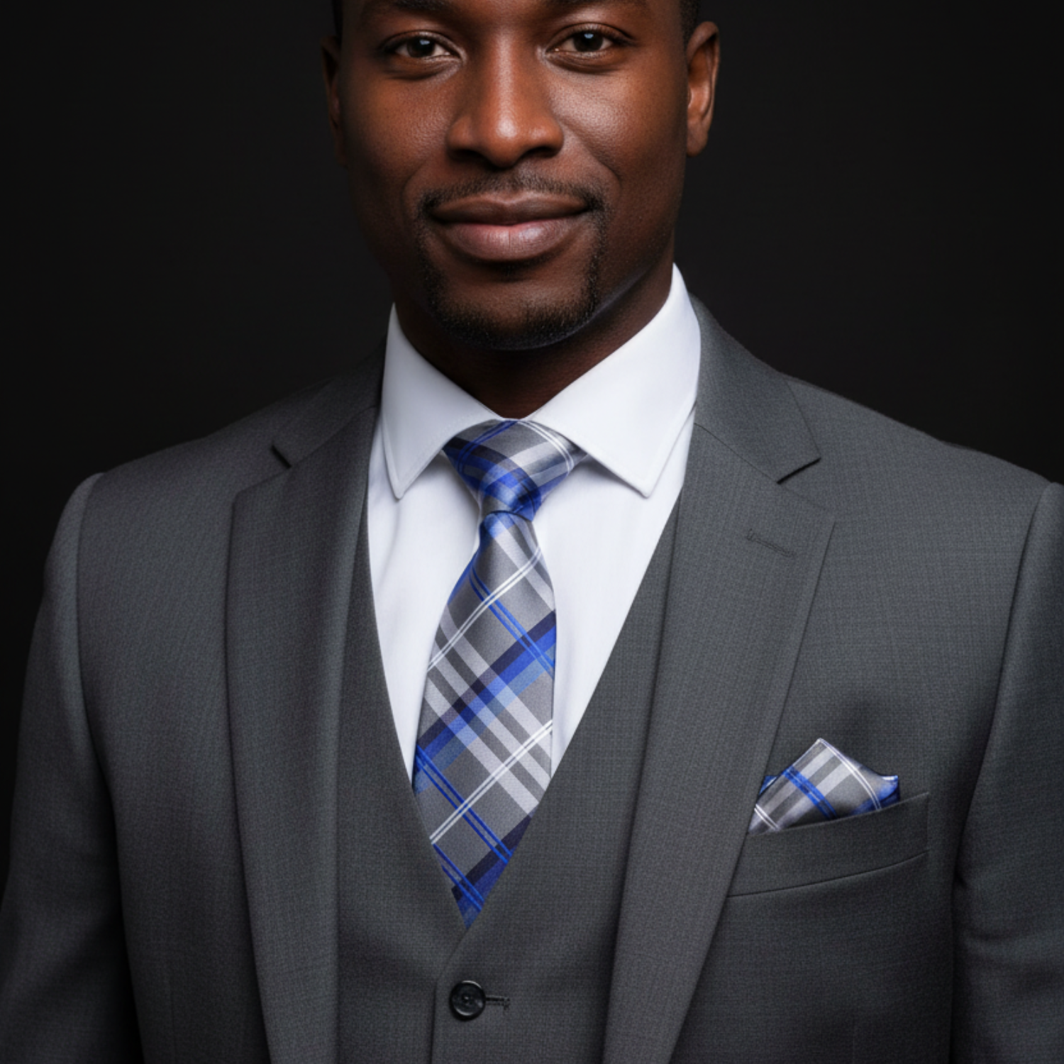 Man wearing a gray suit with a blue plaid tie and pocket square on a black background
