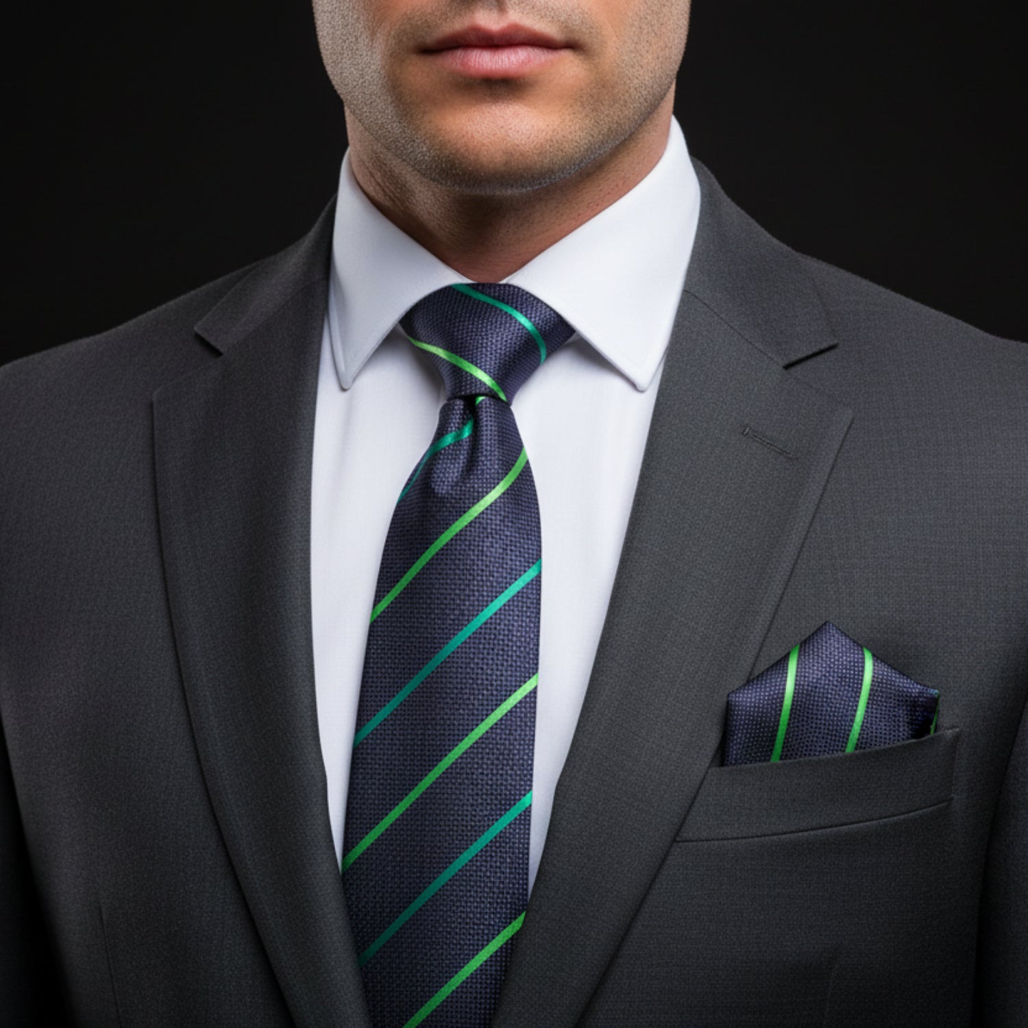 Striped Necktie Collection + Pocket Square | Grey/Red, Blue/Brown, Grey/Green