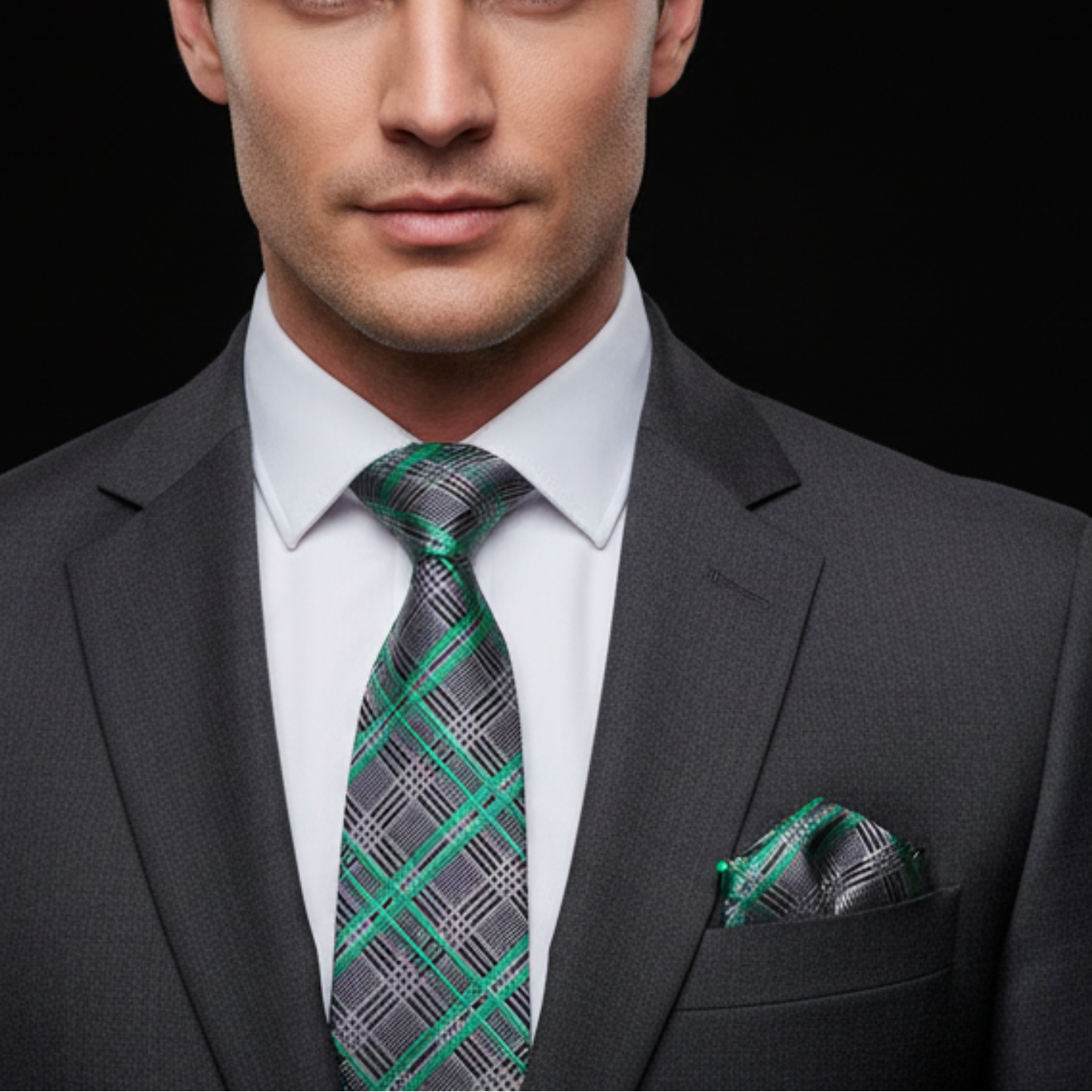 Man wearing a gray suit with a green and gray plaid tie and matching pocket square.