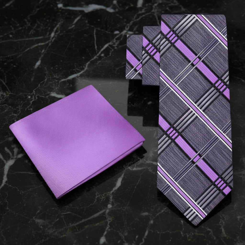 Alt Grey, Purple Plaid Tie and Square