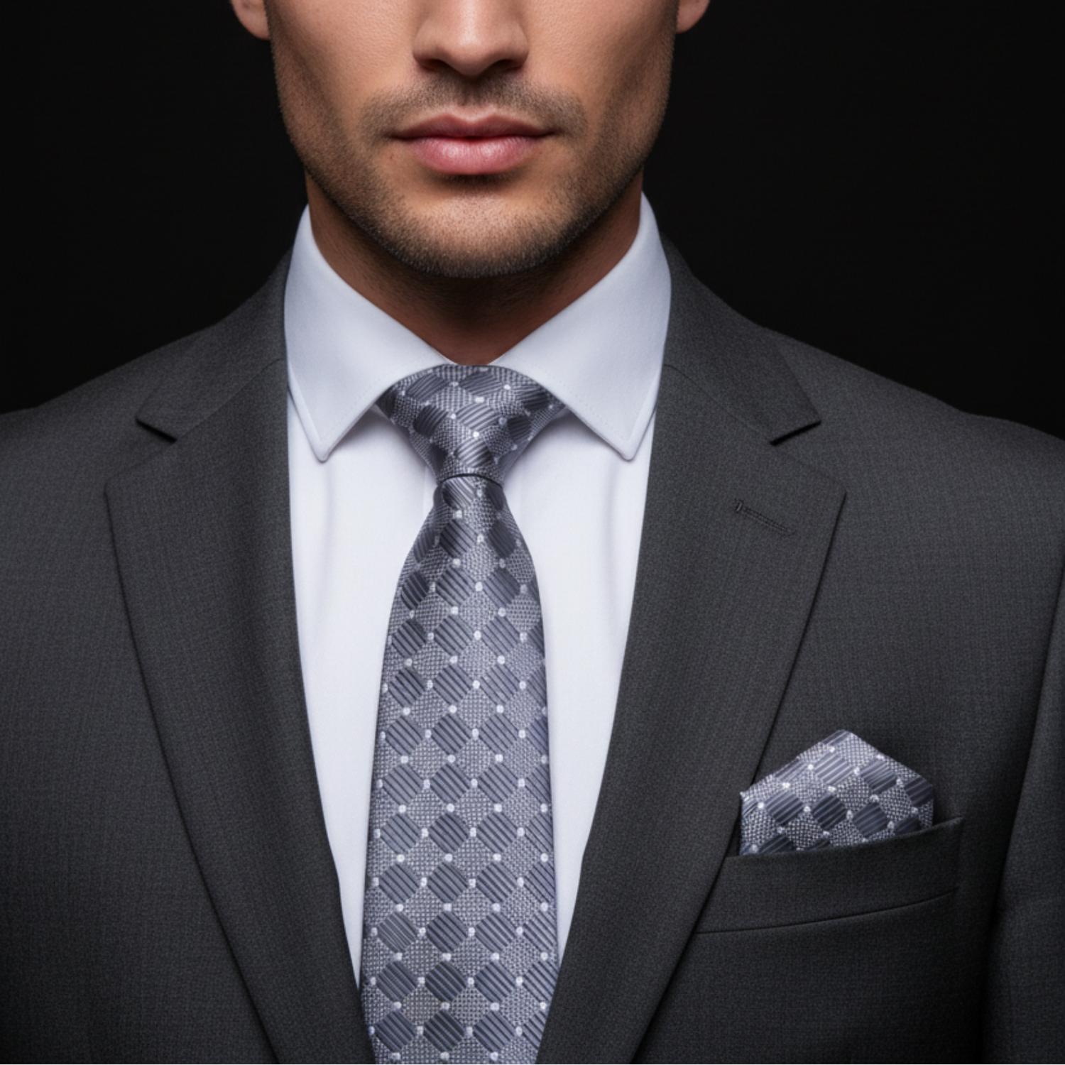 Man wearing a gray suit with a patterned tie and pocket square on a black background