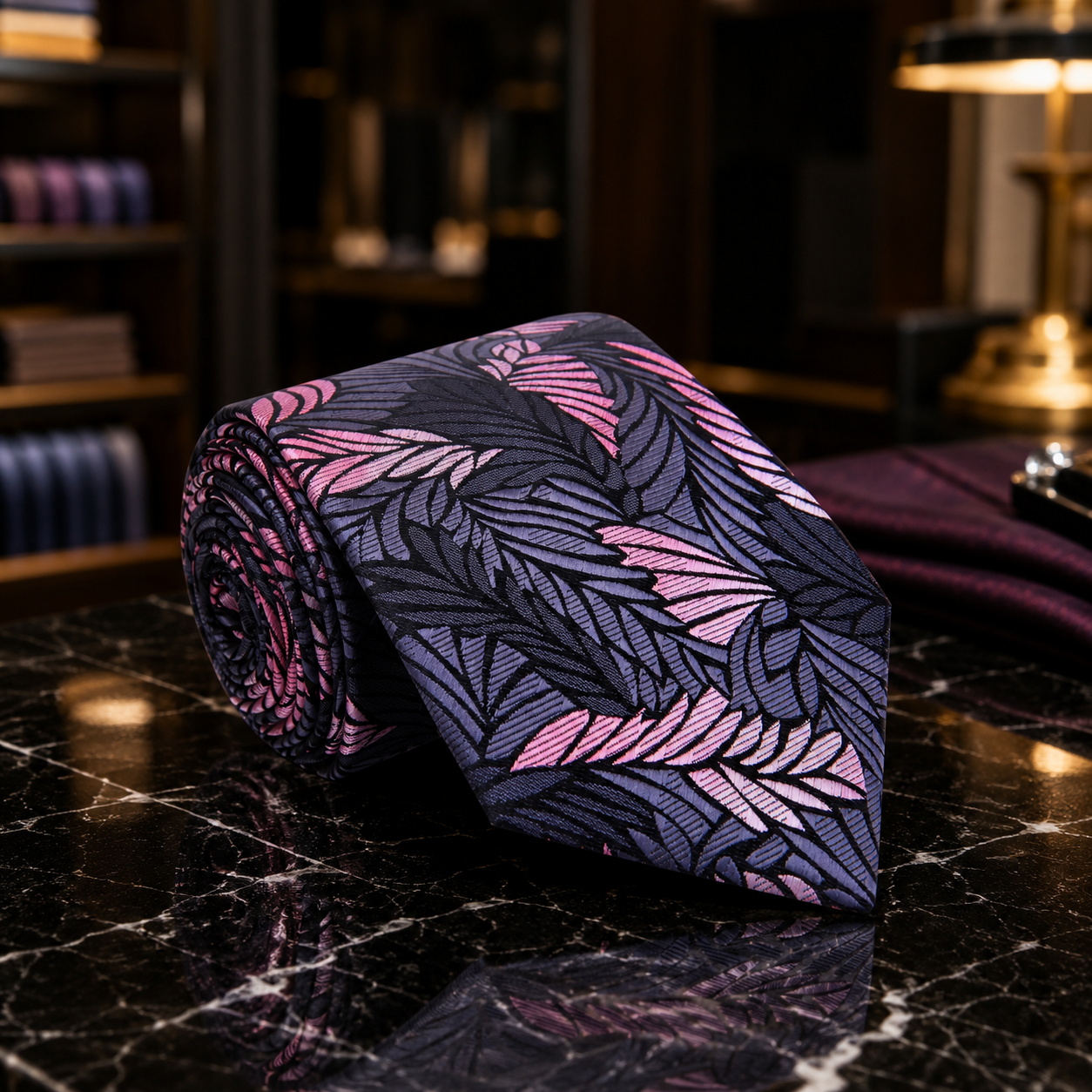 A rolled necktie with a tropical leaf pattern in shades of pink, purple, and black, displayed on a polished black marble surface with a blurred luxury interior background.