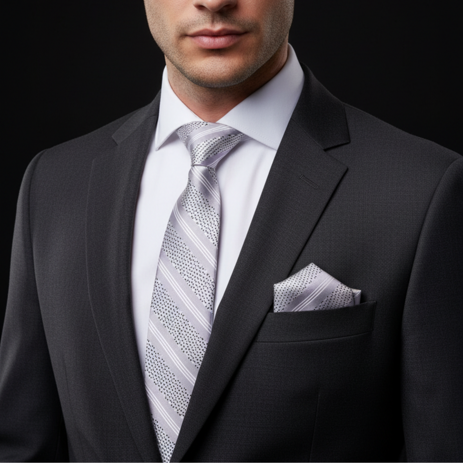 Man wearing a black suit with a white shirt, gray tie, and pocket square on a black background