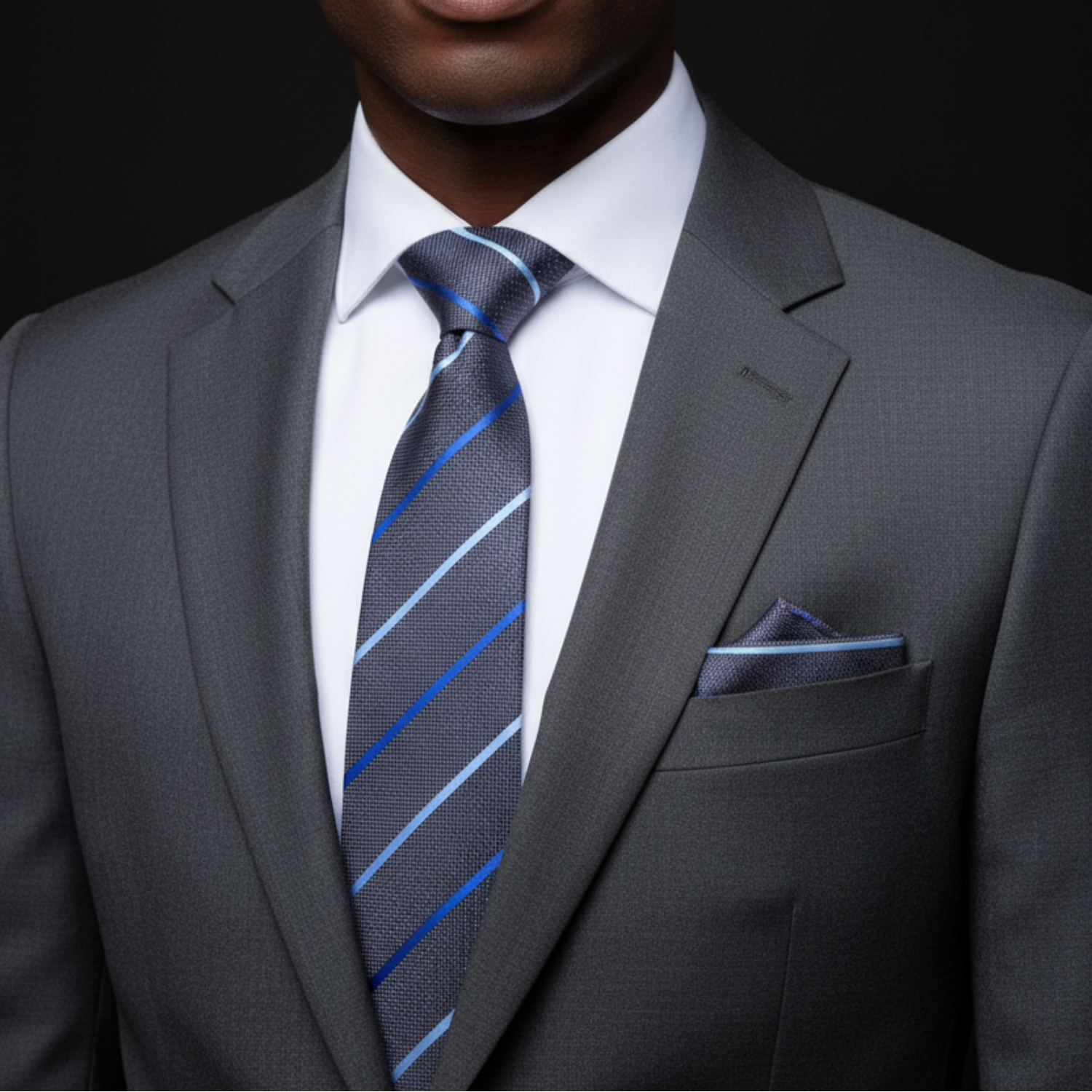 Grey with Blue Stripes Tie and Square on man with suit