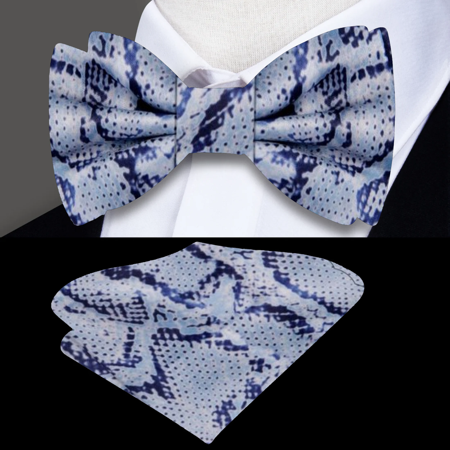 Grey, Black Snakeskin Bow Tie and Pocket Square