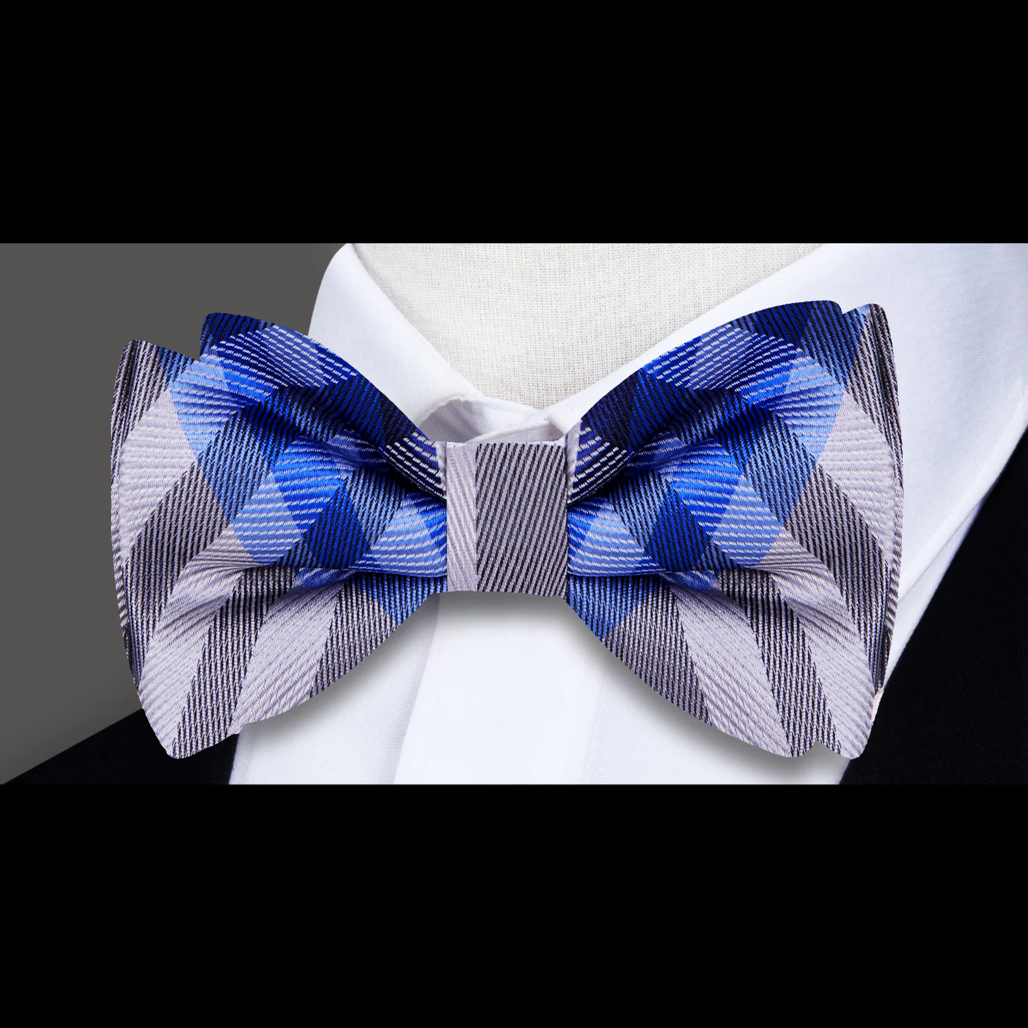A Grey, Blue, Black, White, Plaid Pattern Pre Tied Bow Tie