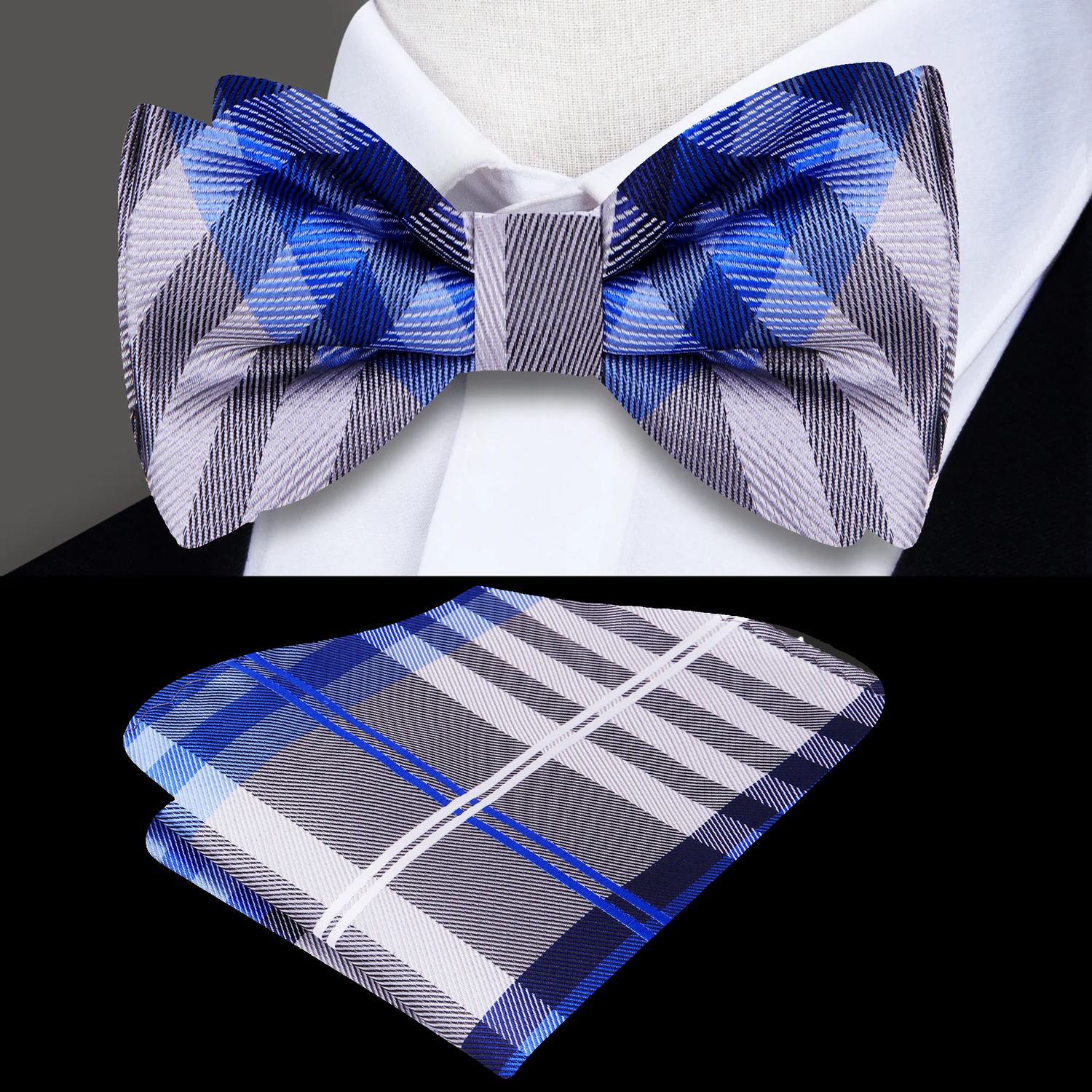 Main: A Grey, Blue, Black, White, Plaid Pattern Self Tie Bow Tie, Matching Pocket Square
