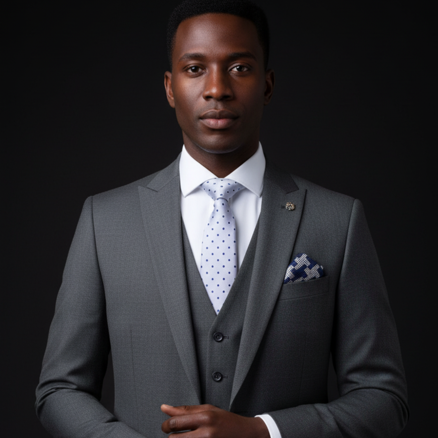 Grey Necktie with Deep Blue Dots