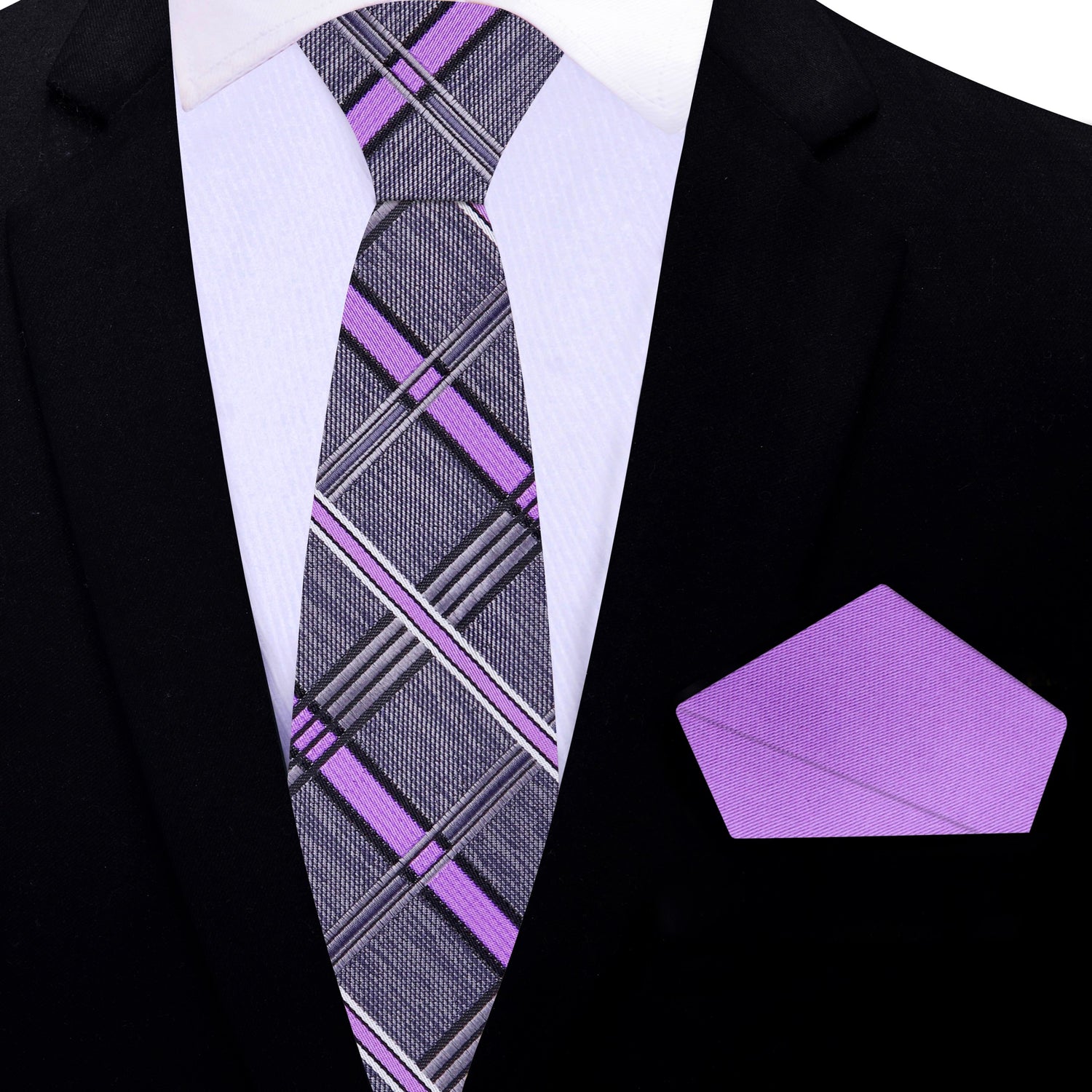Thin Grey, Purple Plaid Tie and Square