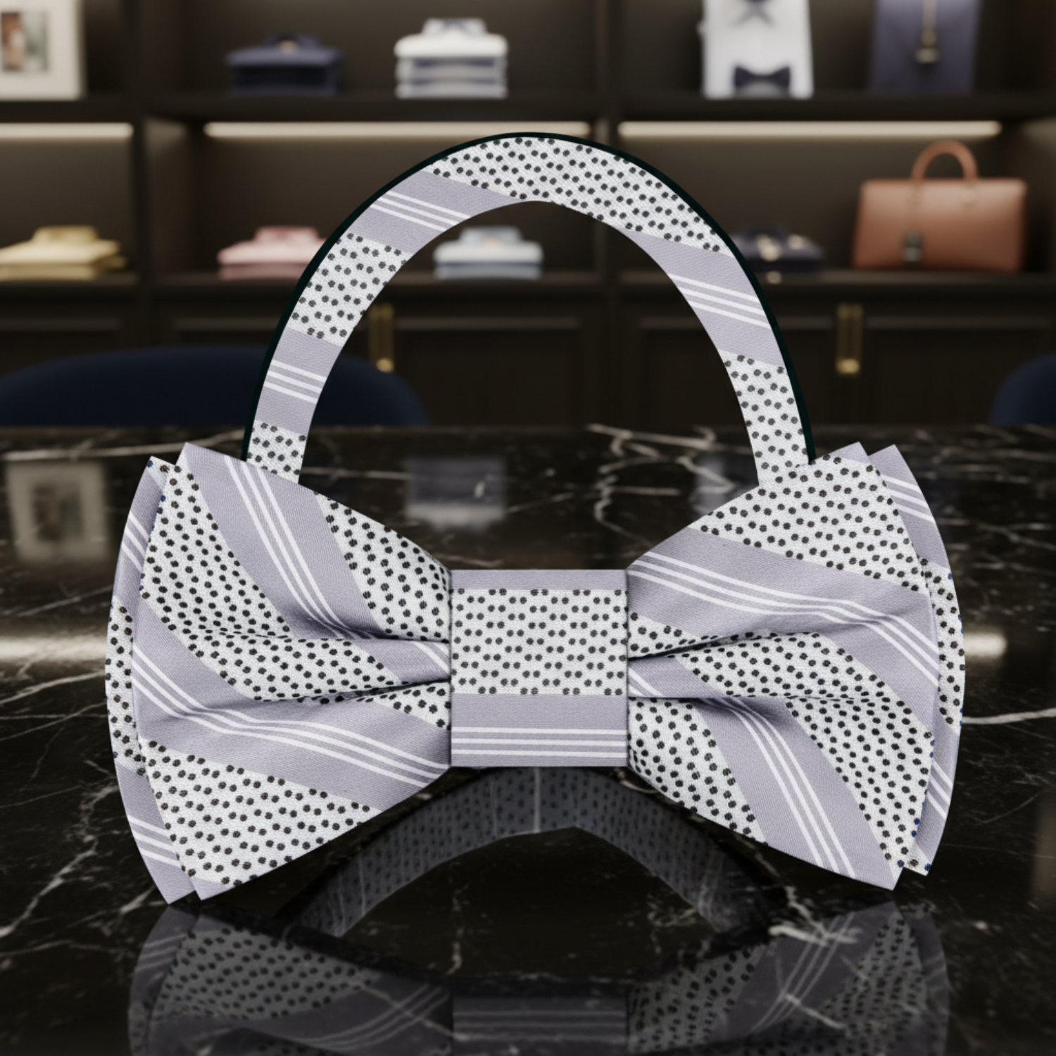 Grey, Black Stripes Bow Tie Pre Tied