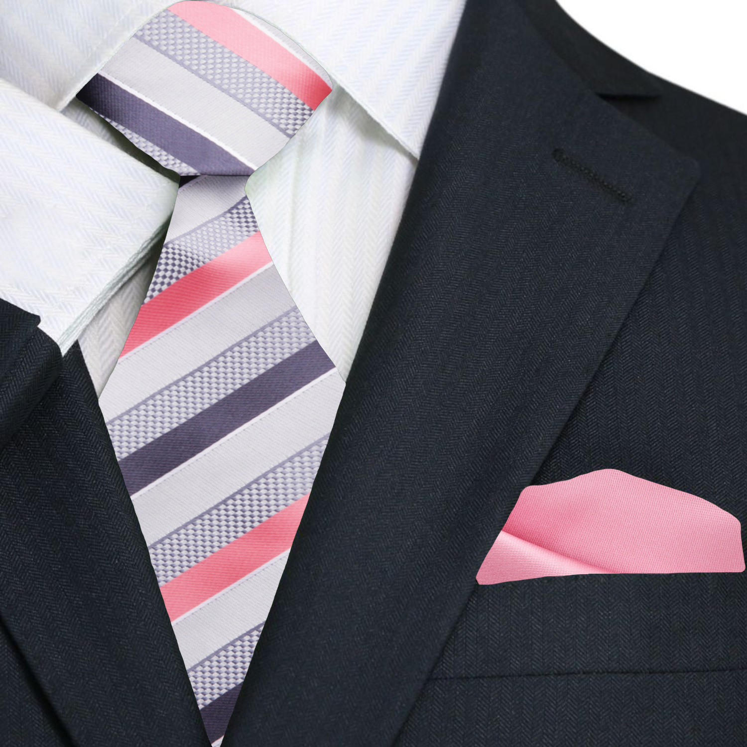 Main View: Black suit with a striped grey and pink tie and pink pocket square