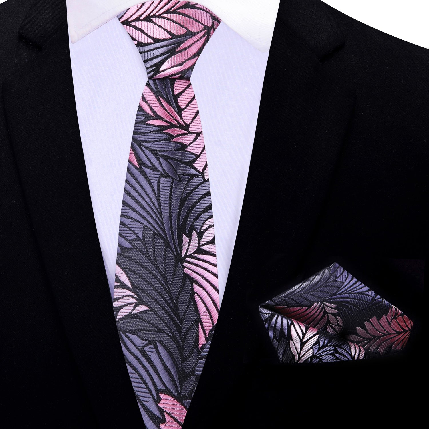 Thin Tie: Main View: Grey, Pink Feather Tie with Matching Square
