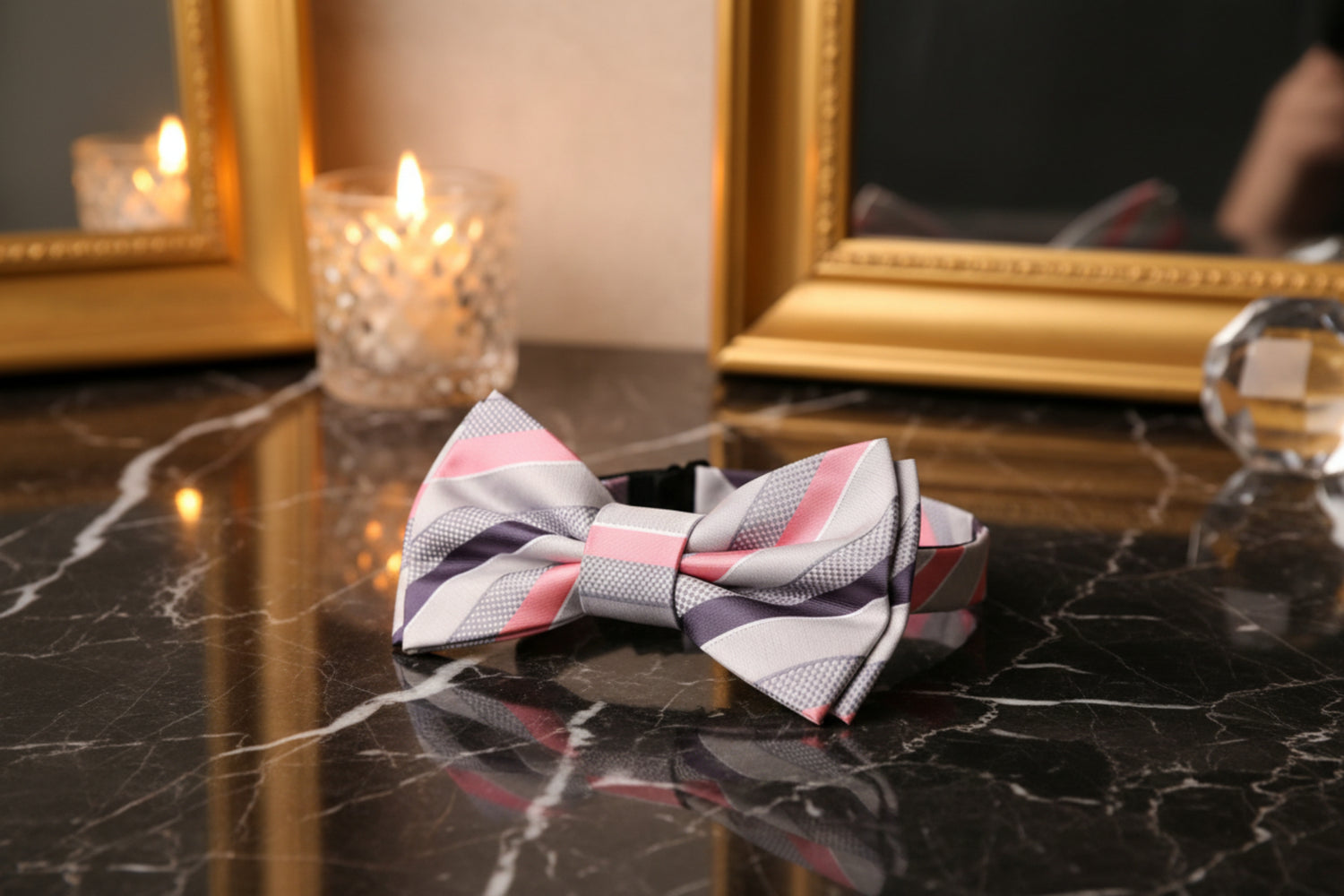 Pre Tied Grey, Pink Cascade Stripe Bow Tie