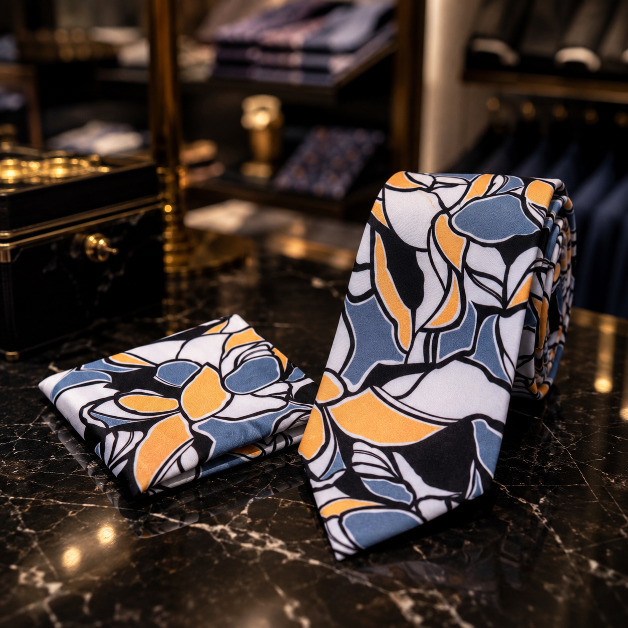A patterned necktie and matching pocket square displayed on a dark marble surface in a boutique setting. The fabric features an abstract floral or leaf-like design in blue, orange, white, and black.