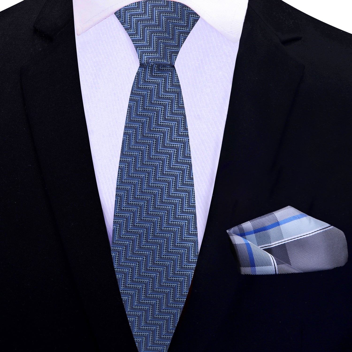 Thin Tie: Blue Chevrons Tie and Accenting Grey and Blue Plaid Square