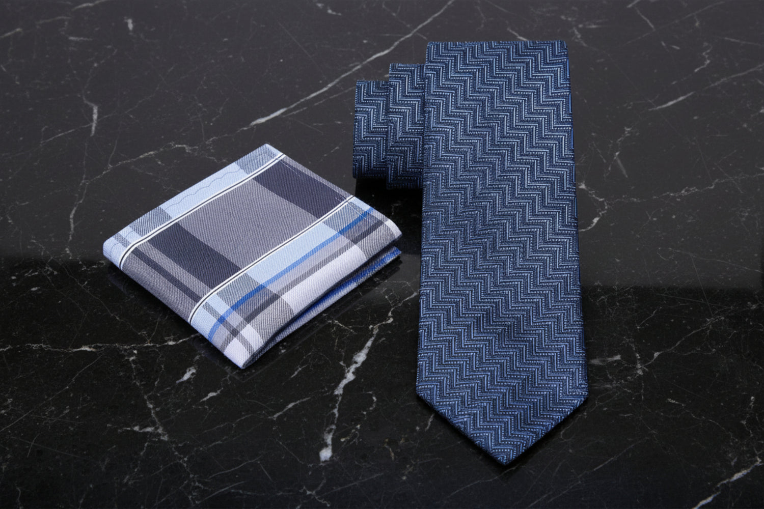 Alt View: Blue Chevrons Tie and Accenting Grey and Blue Plaid Square