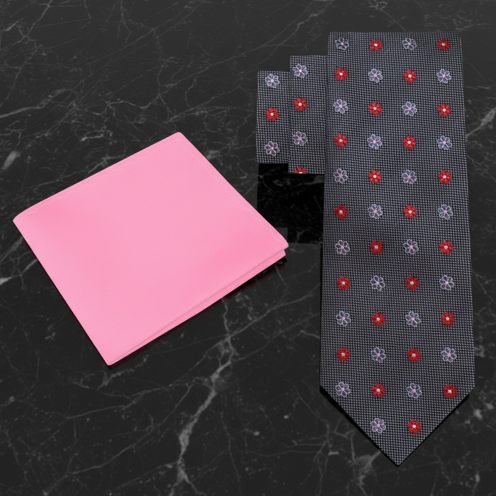 a grey with pink flowers necktie and pink square