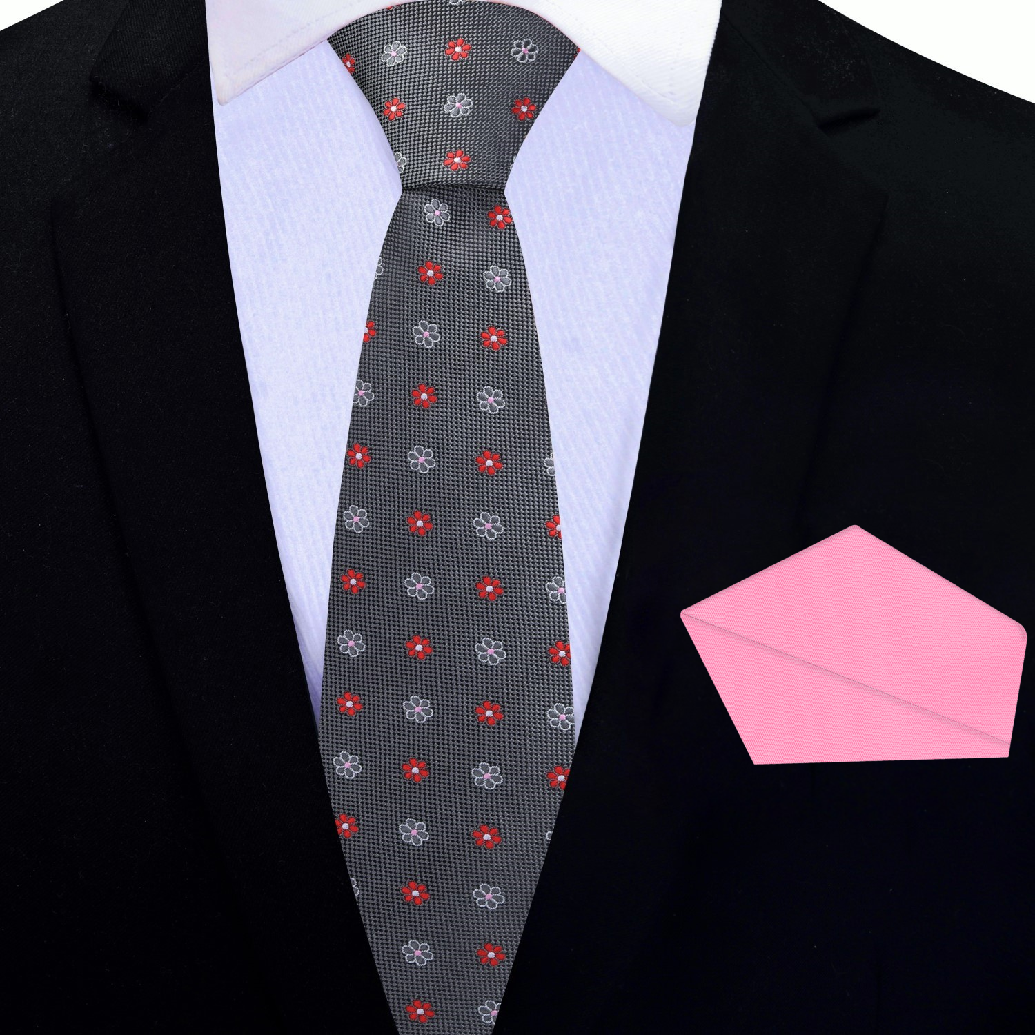 Thin a grey with pink flowers necktie and pink square