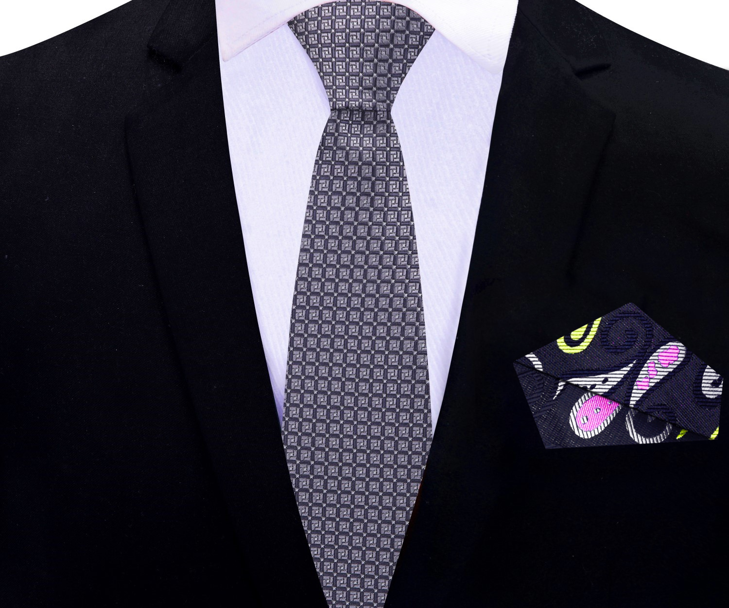 Thin: Gun Metal Grey Geometric Tie and Accenting Square