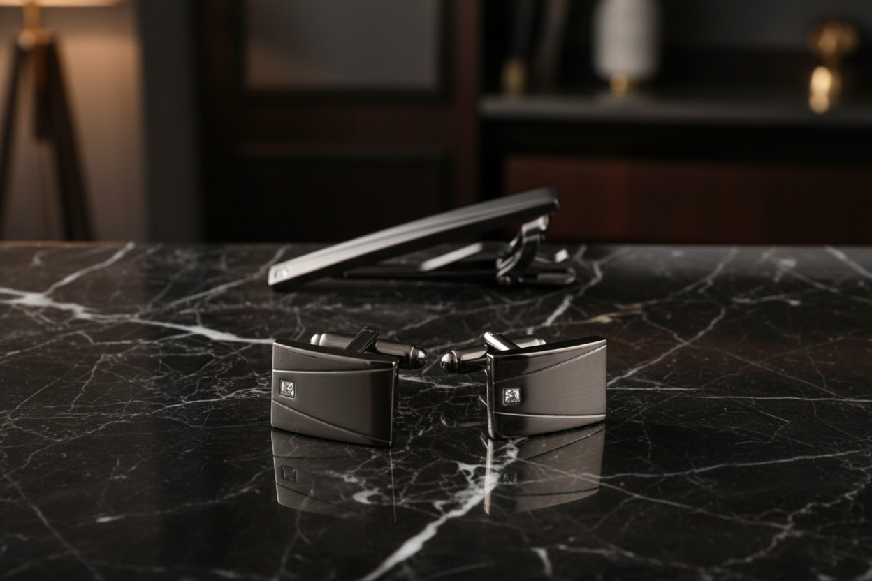 Gun Metal Black Tie Bar and Cuff-links Set