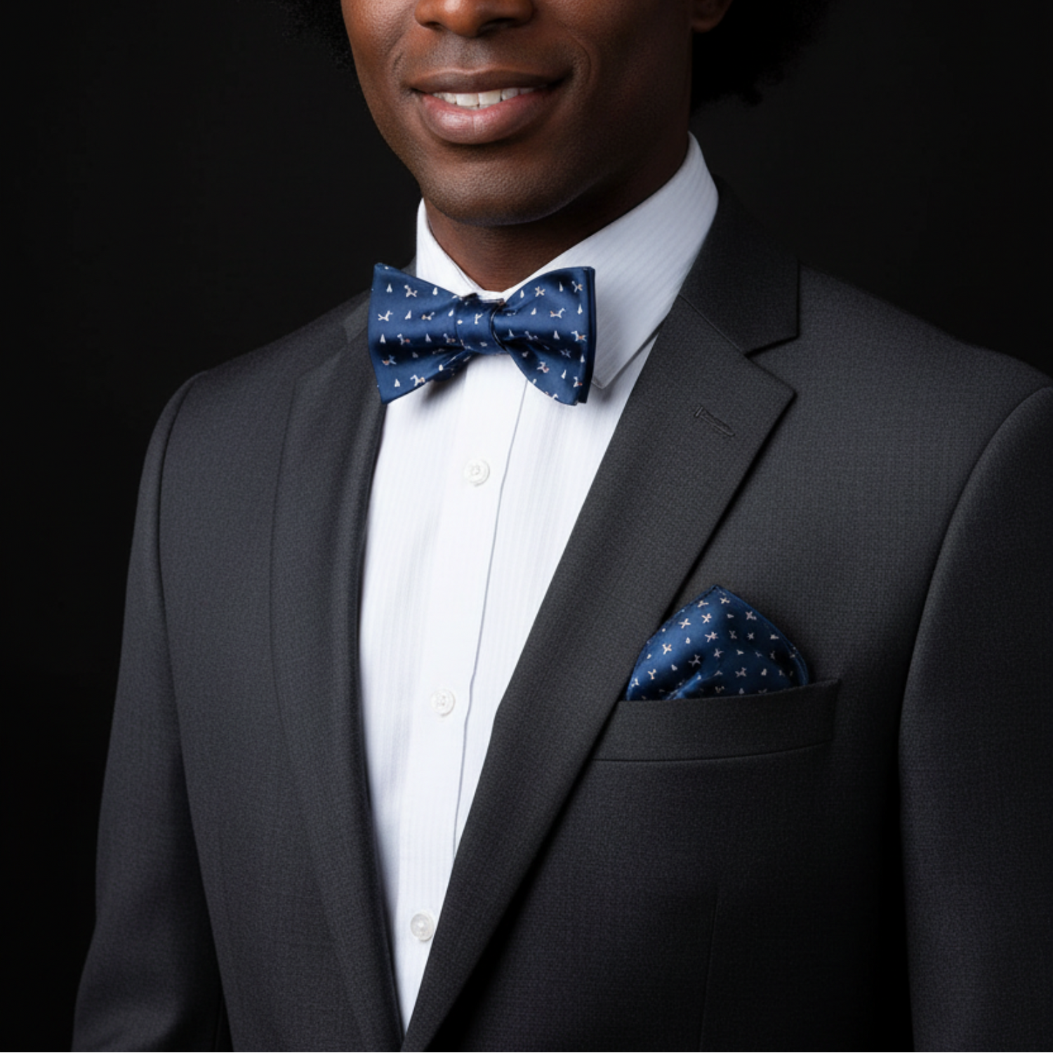 Blue bow tie and square on man