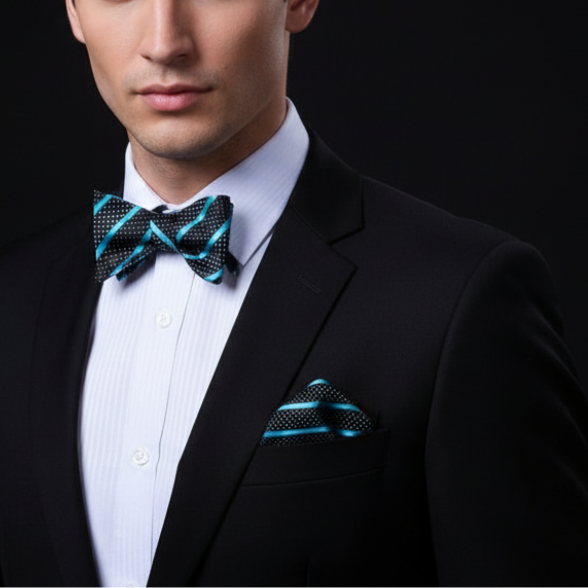 Man wearing a black suit with a blue bow tie and pocket square against a black background