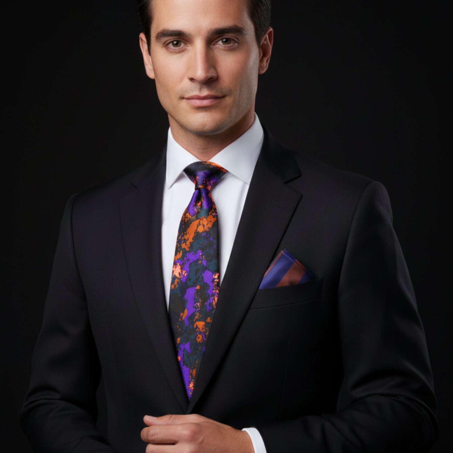 Man wearing orange black purple abstract tie and accenting stripe square