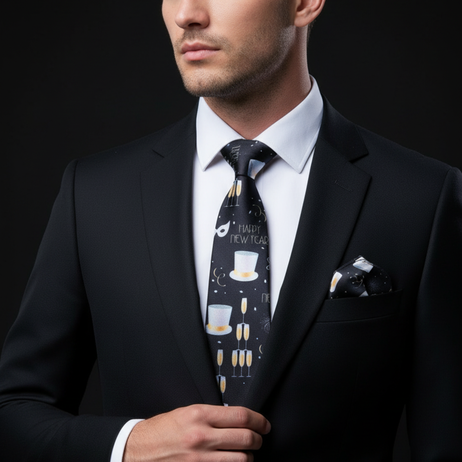 Man wearing a black suit with a decorative tie against a dark background