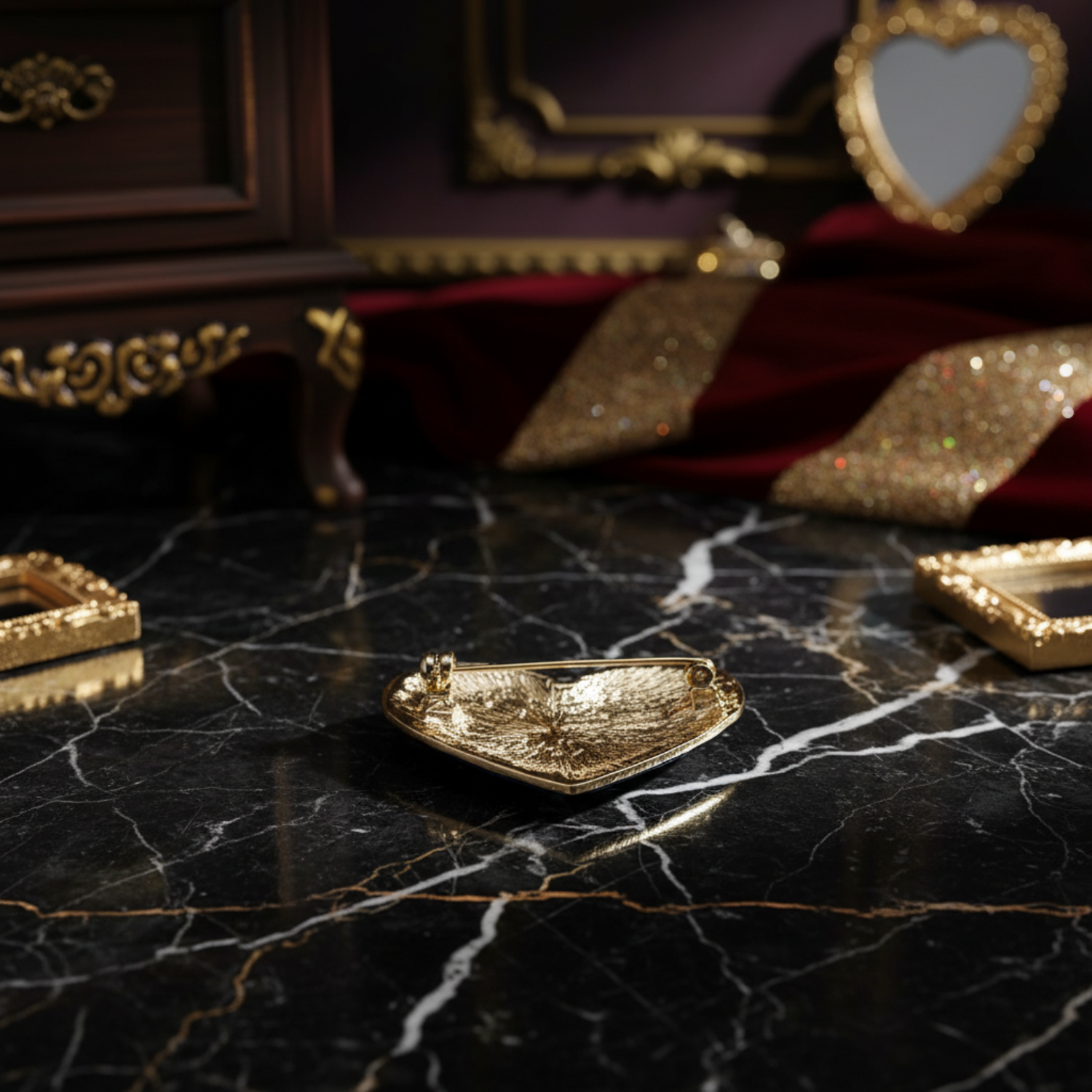 Gold heart-shaped decorative plate on a marble surface