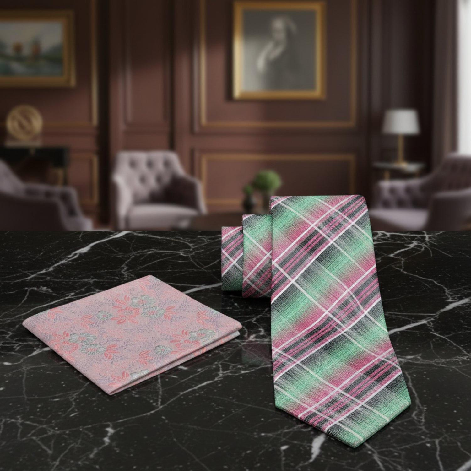 Alt View:  Green, Pink and White Plaid Necktie and Accenting Floral Square
