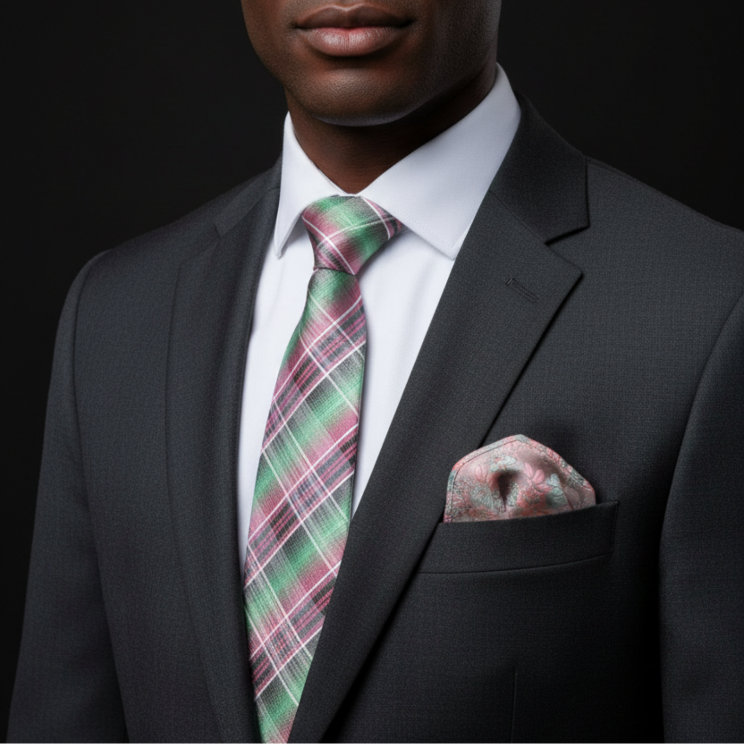 Man wearing a dark suit with a plaid tie and pocket square against a black background