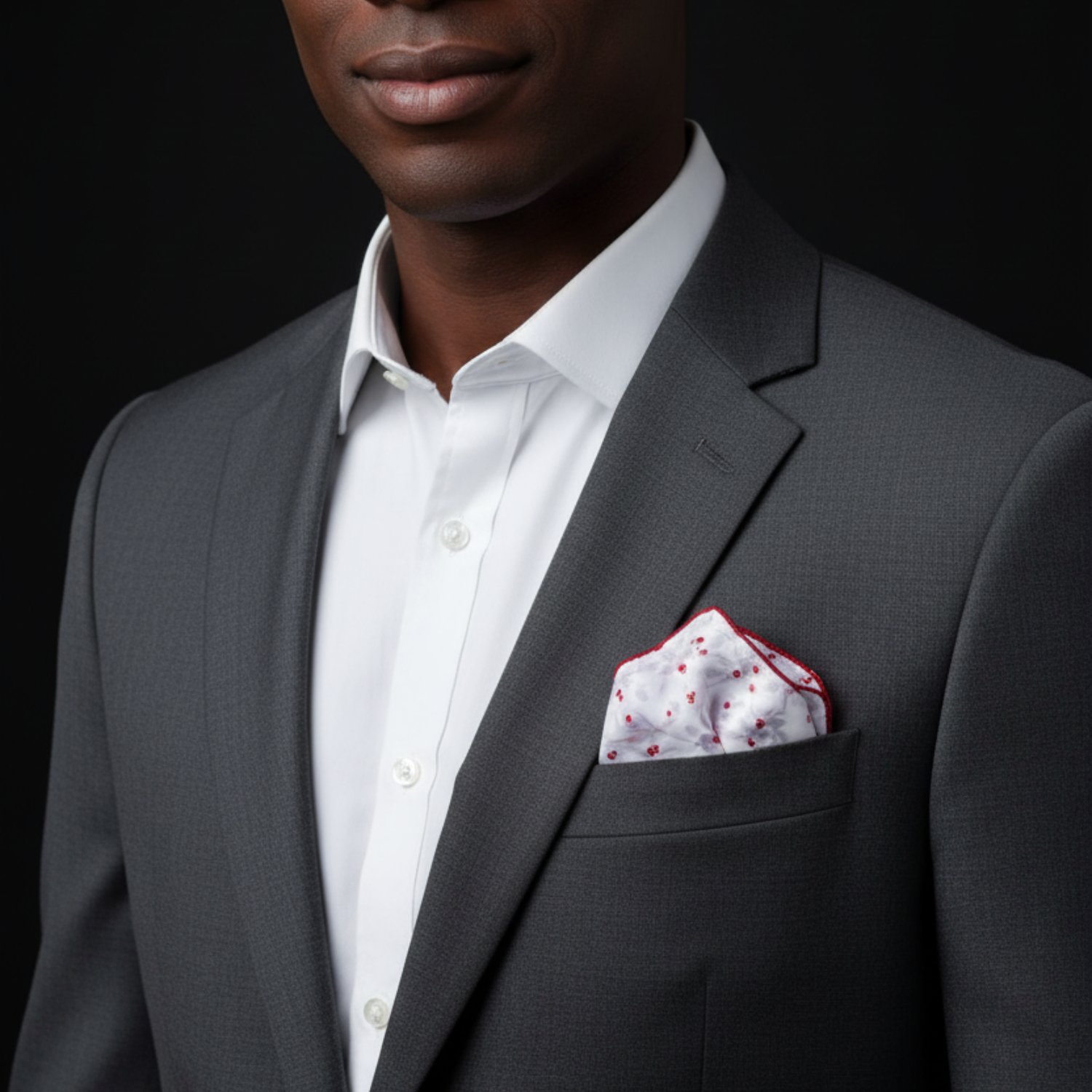 White Holly Berry Pocket Square with Red & Silver Detail