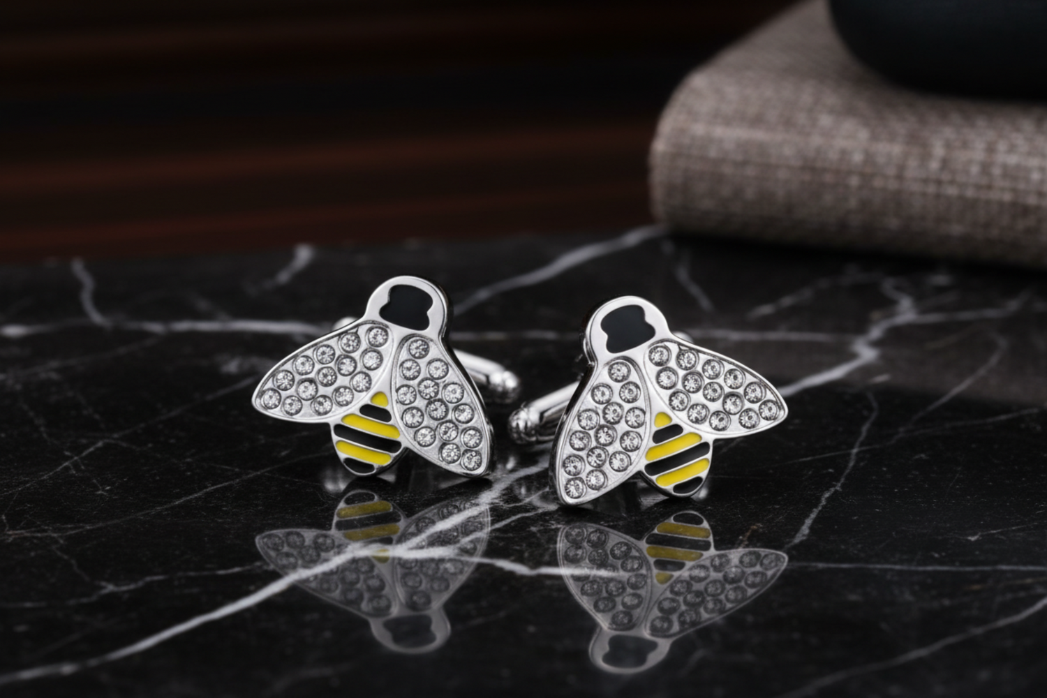 chrome black and yellow honey bee cufflinks