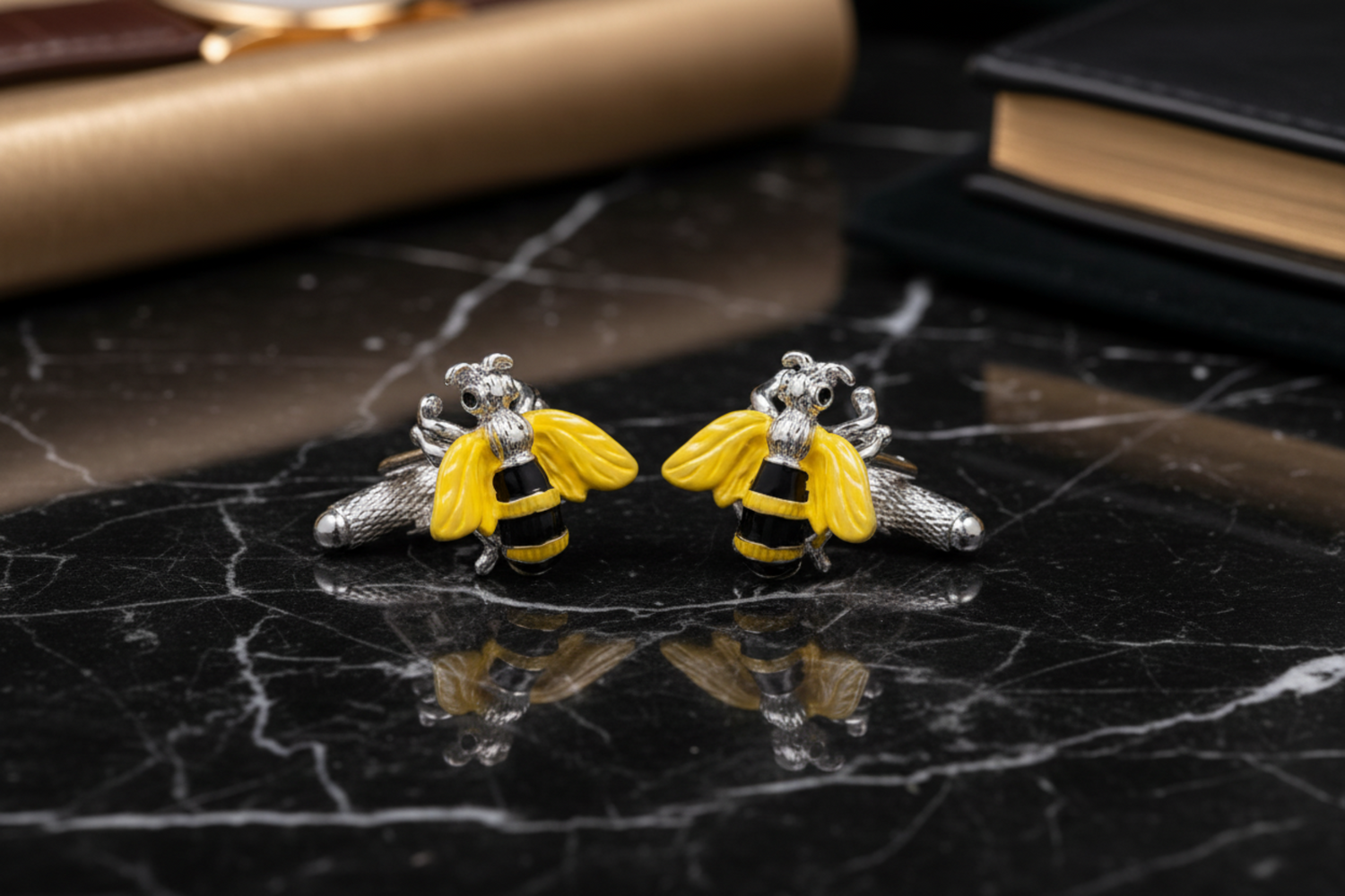 Premium A yellow, black chrome color bee design pair of cuff-links