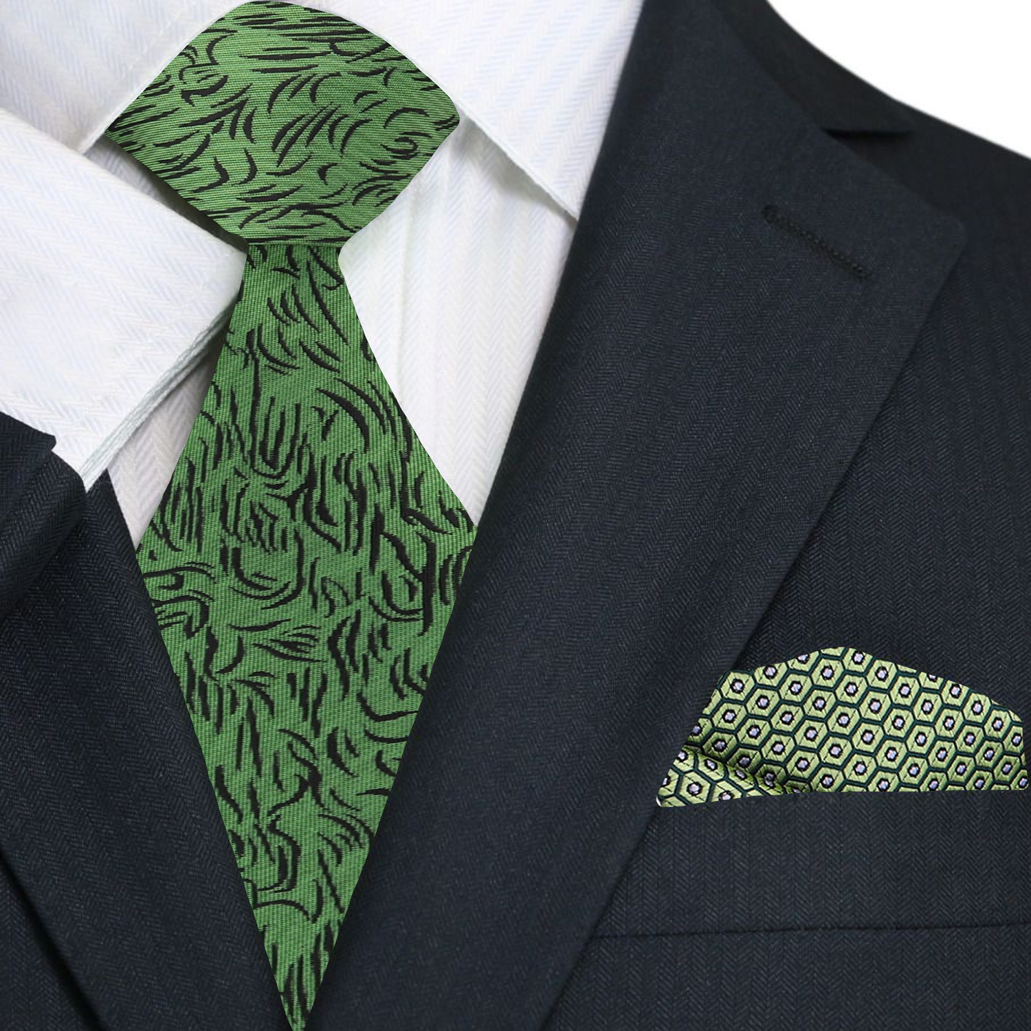 Premium Green and black abstract necktie and accenting pocket square