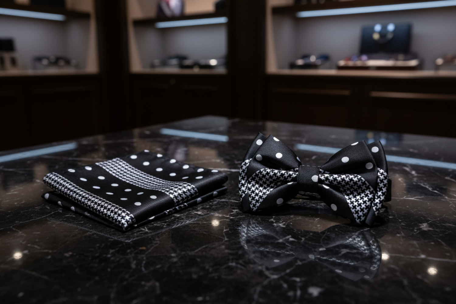 Black bow tie with white polka dots and matching pocket square