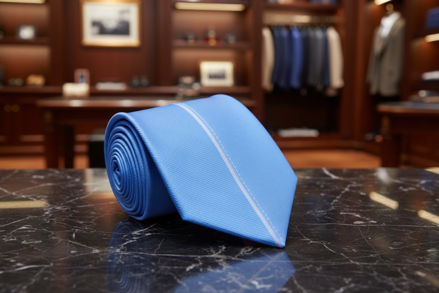 Folded blue tie on a marble surface with a blurred clothing store background
