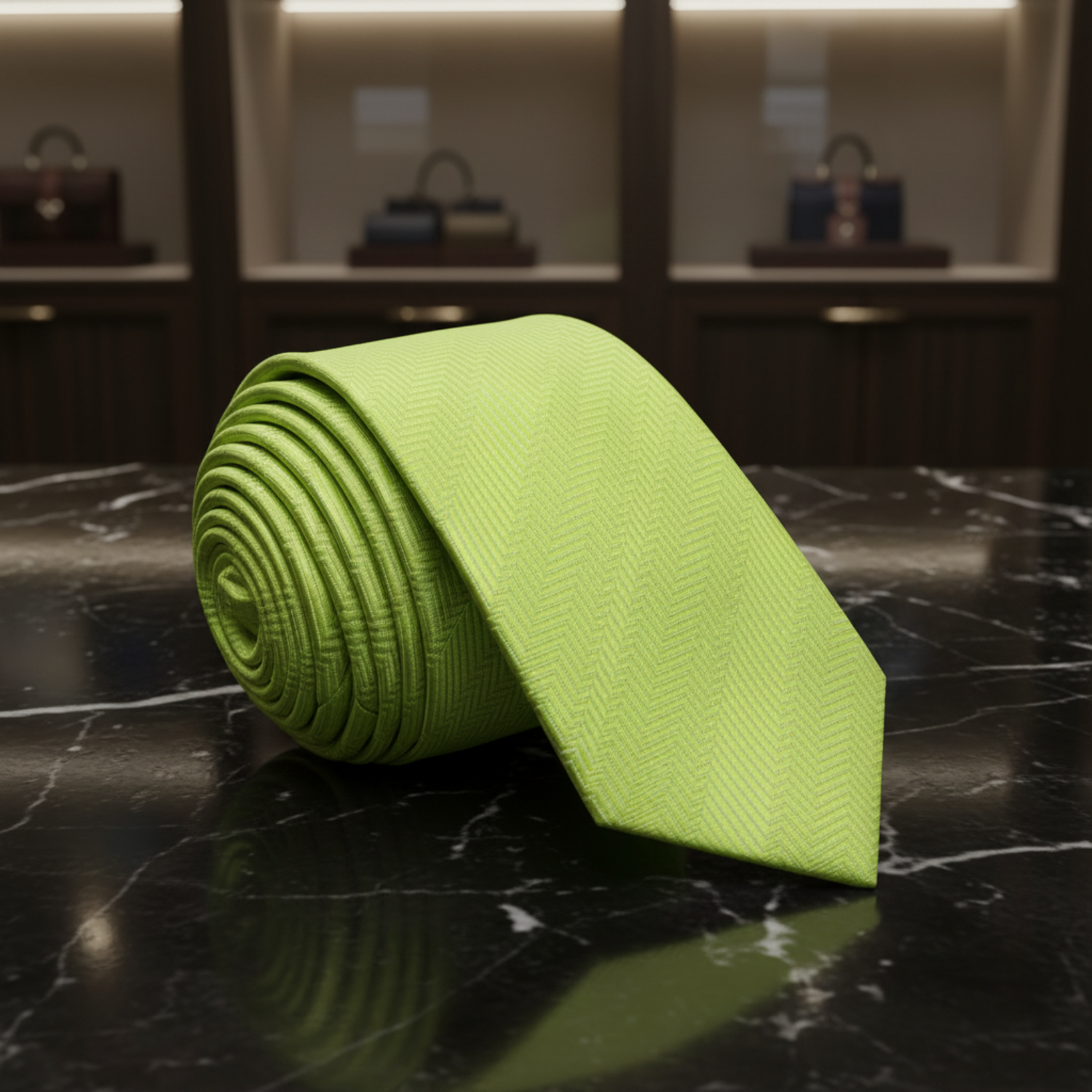 Rolled-up green tie on a white background