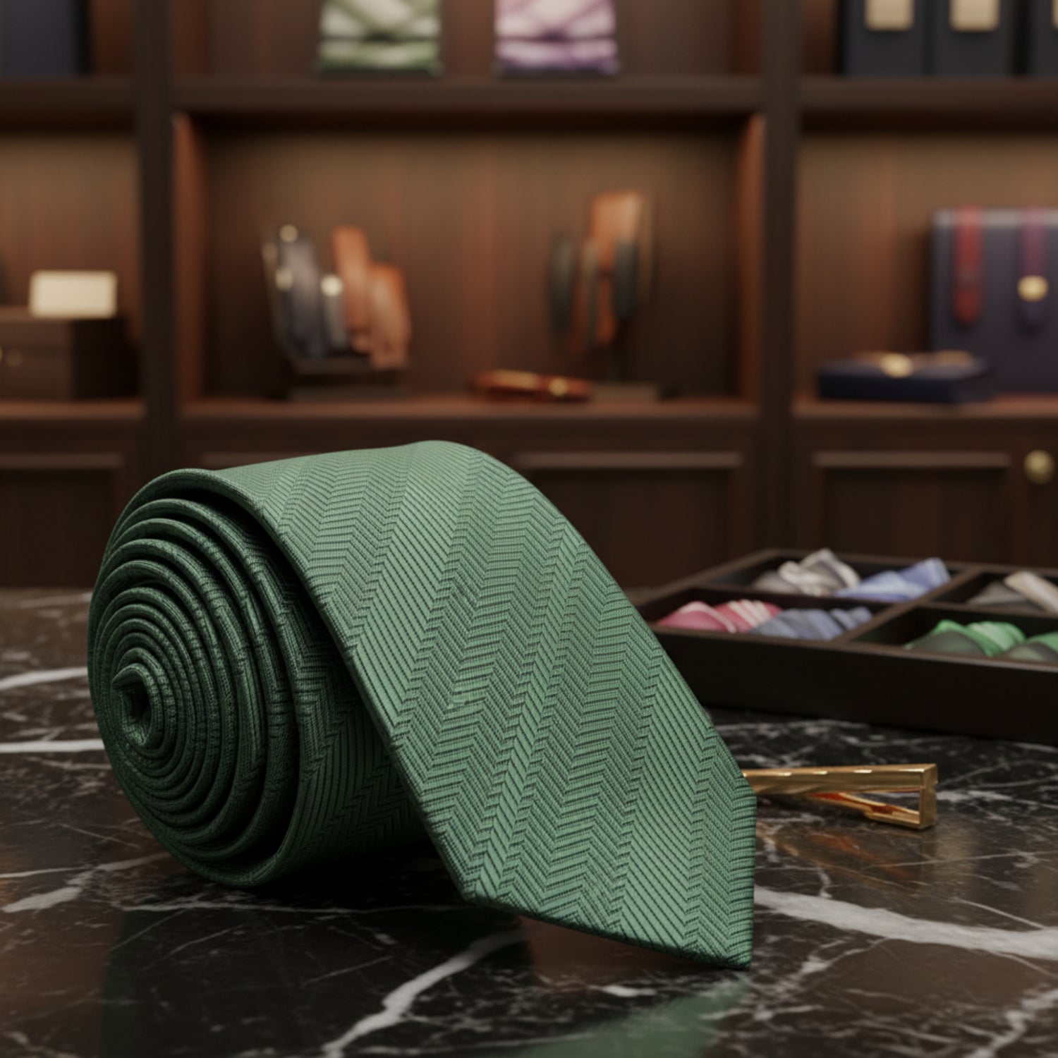 A rolled green herringbone pattern necktie displayed on a dark marble surface, with a gold tie clip and a tray of folded ties in the background on a wooden shelf.