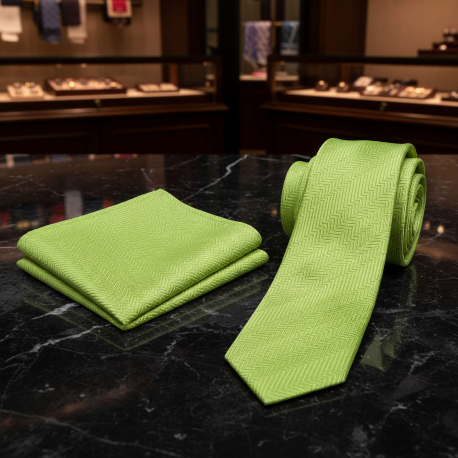 Green tie and pocket square set on a white background