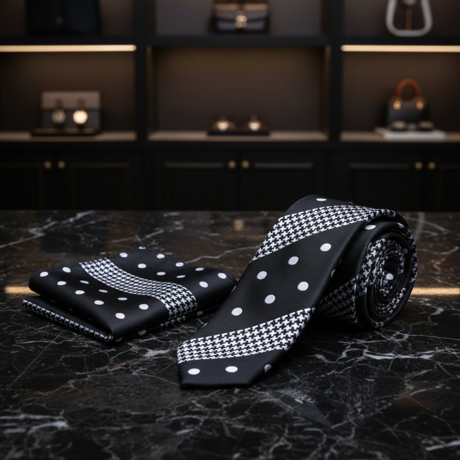 Black tie with white polka dots and houndstooth pattern on a white background