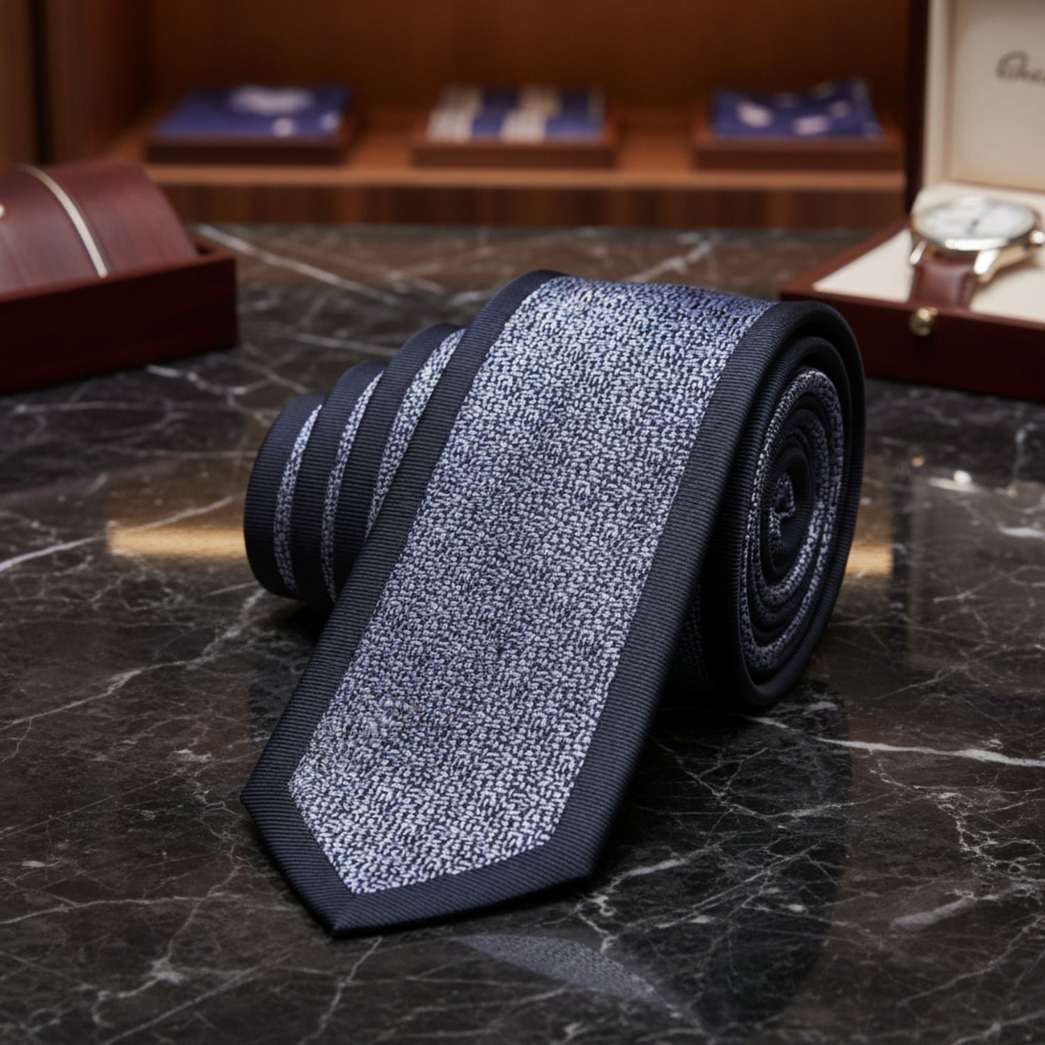 A necktie with a navy blue border and a textured, patterned center panel in navy and white, shown on a plain white background.