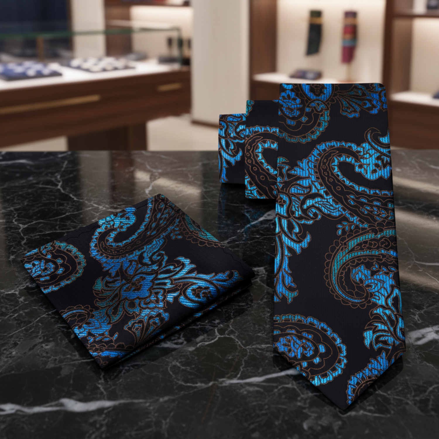 A men's necktie and matching pocket square set with a detailed paisley pattern in vibrant blue and black, accented with brown outlines