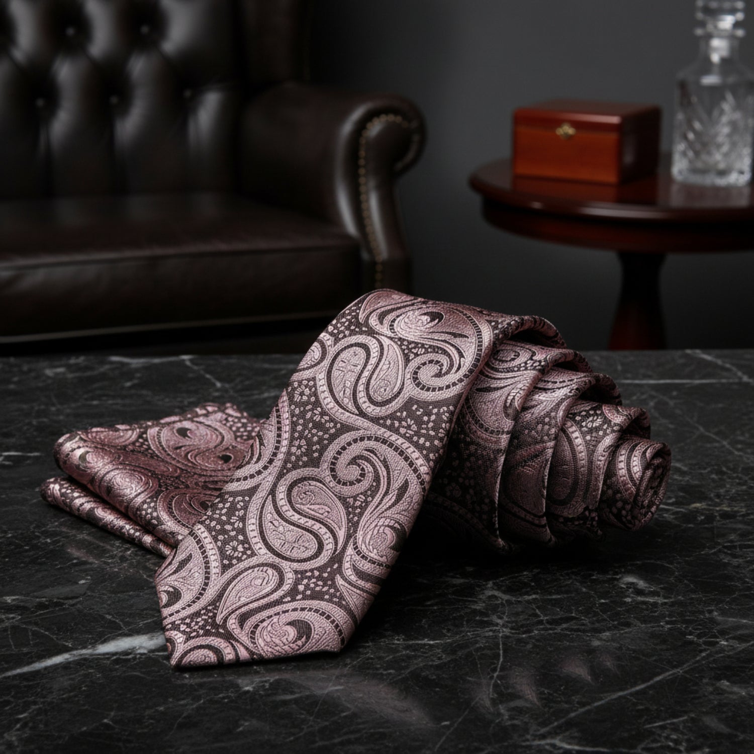 Roll of paisley patterned fabric on a dark surface with a leather chair and wooden box in the background.