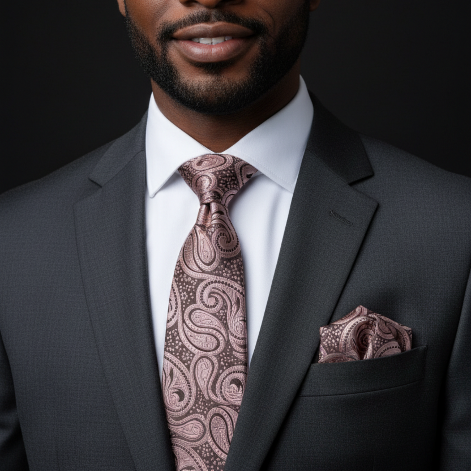 Man wearing a gray suit with a patterned tie and pocket square on a black background
