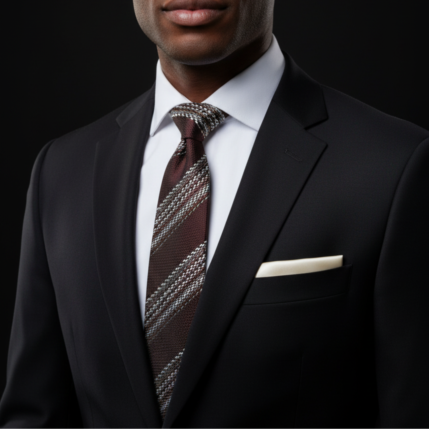 Man wearing a black suit with a patterned tie and white shirt on a black background